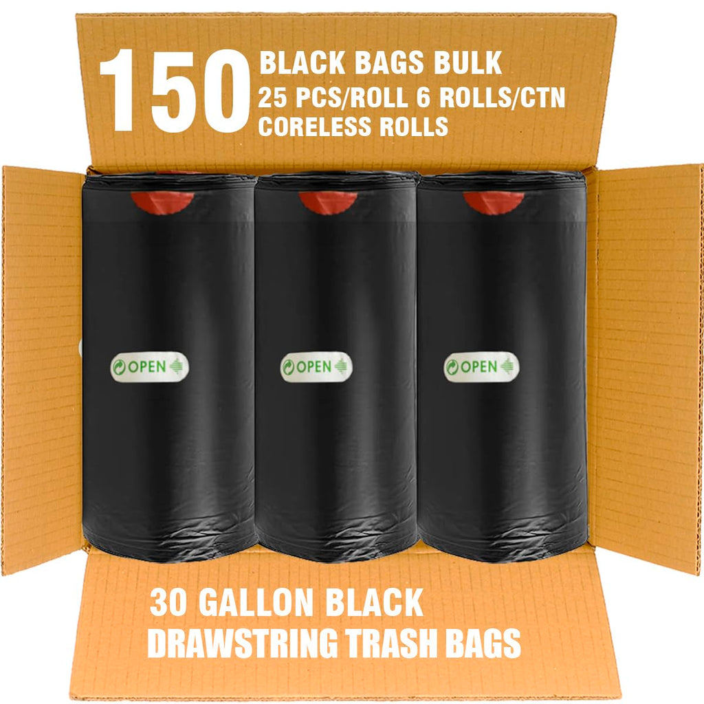 30 Gallon Drawstring Trash Bags, 150 Count Black Heavy Duty P7766