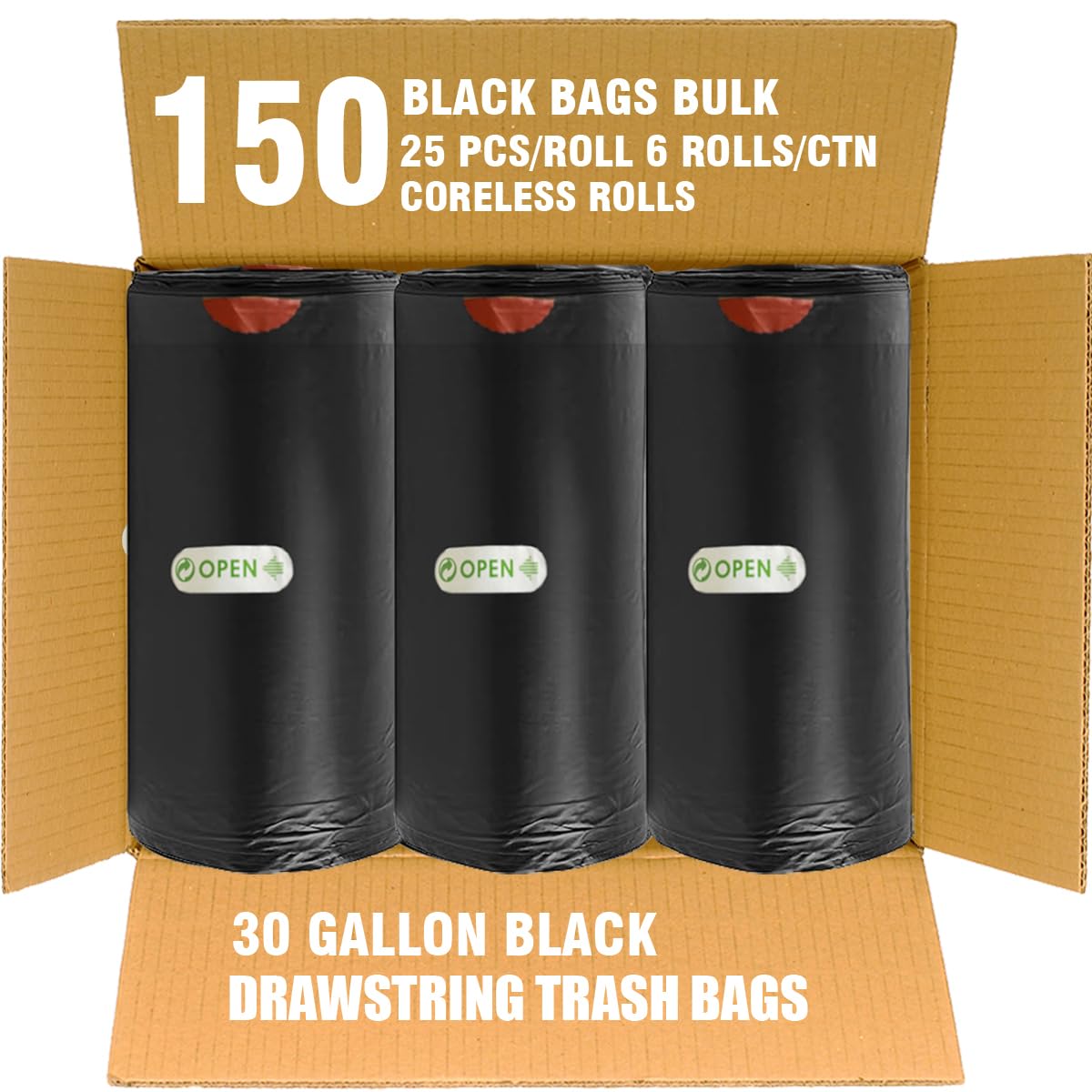 30 Gallon Drawstring Trash Bags, 150 Count Black Heavy Duty P7766