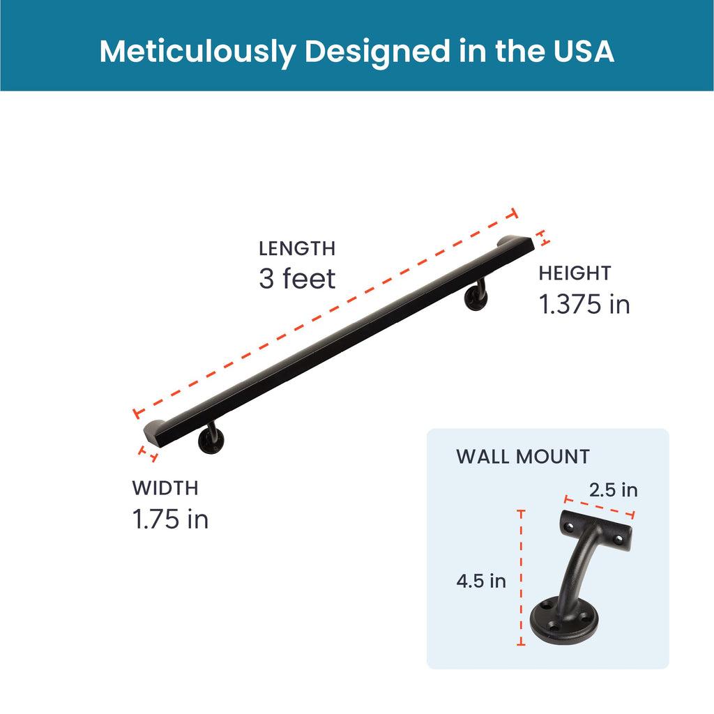 Aluminum Handrail Kit with Wall Mount Brackets, Black Textured, 3' Length B927399