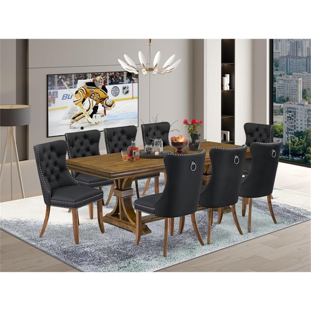 9-Piece Acacia Wood Dining Table Set with 8 Dark Grey Chairs L125