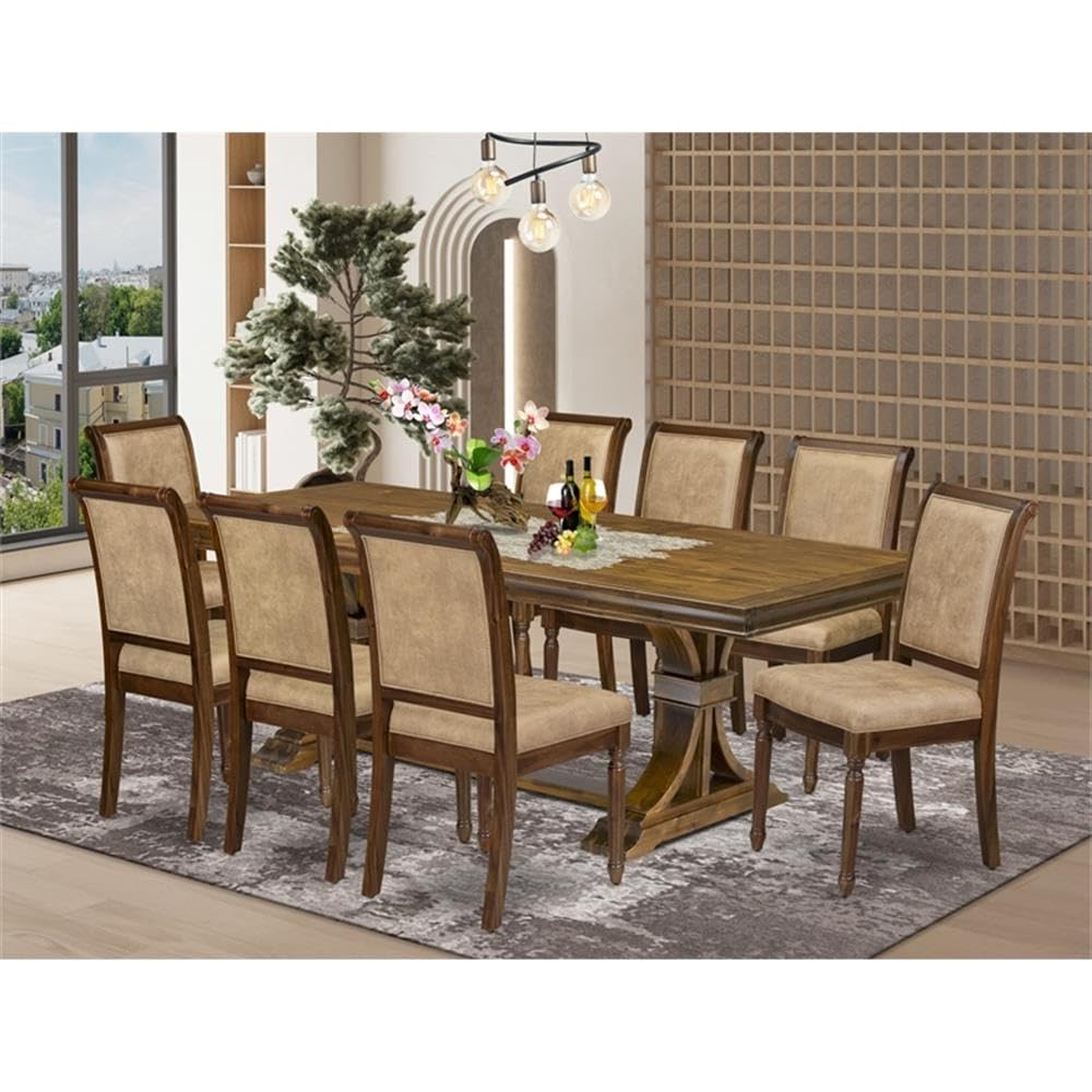 9-Piece Acacia Dining Set with 8 Upholstered Chairs X9063