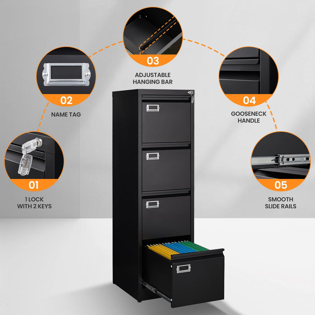 4 Drawer Black Metal File Cabinet with Lock T29809