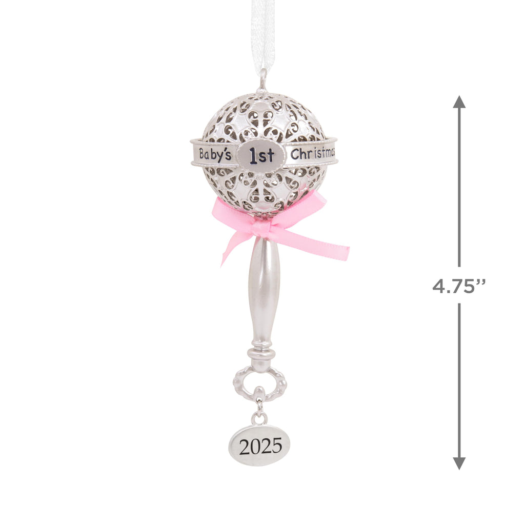 Silver Rattle with Pink Ribbon Christmas Ornament Y83592