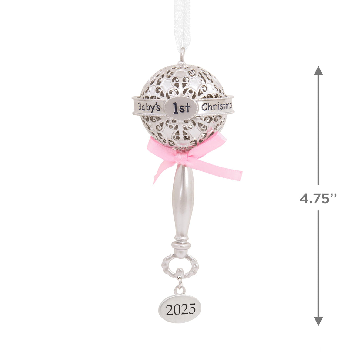 Silver Rattle with Pink Ribbon Christmas Ornament Y83592