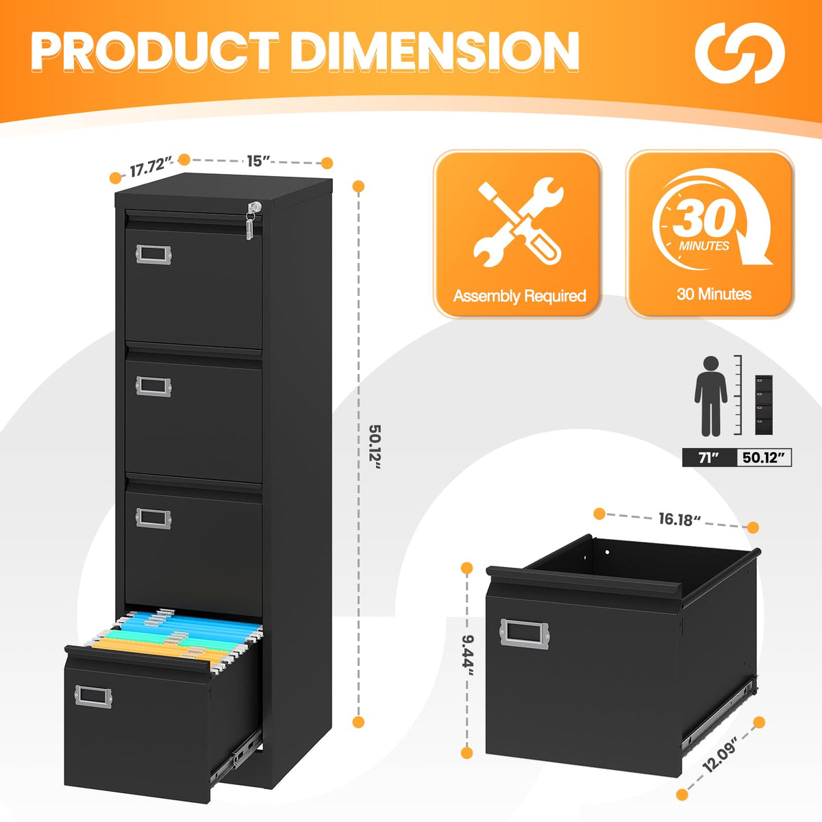 4 Drawer Black Metal File Cabinet with Lock T29809