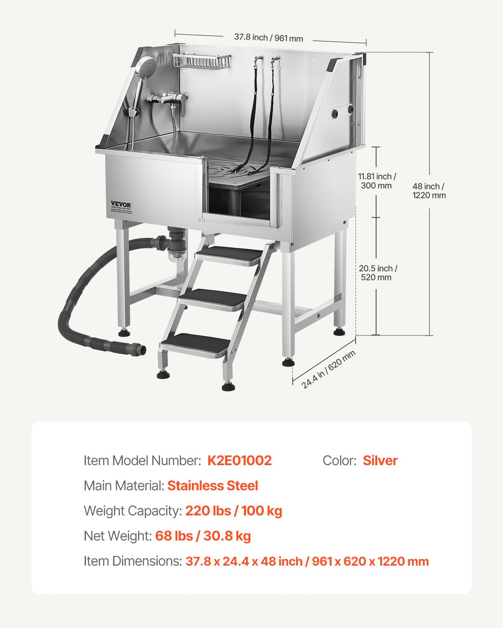 38 Inch Stainless Steel Dog Washing Station with Hot & Cold Faucet Q40013