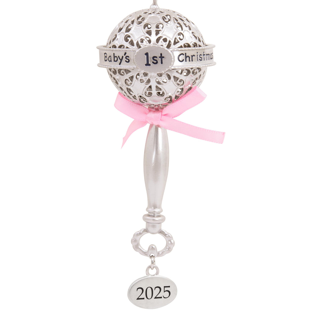 Silver Rattle with Pink Ribbon Christmas Ornament Y83592