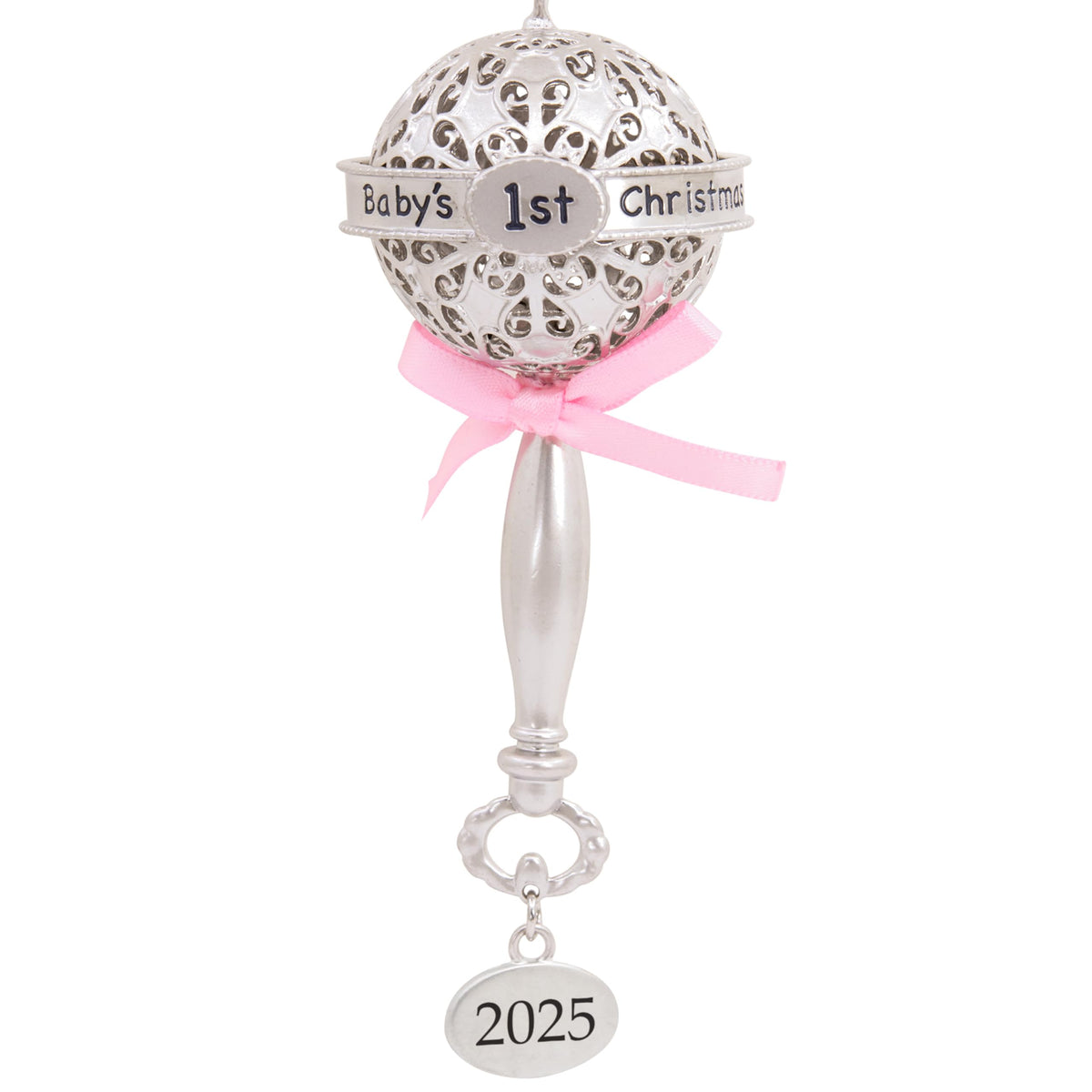 Silver Rattle with Pink Ribbon Christmas Ornament Y83592
