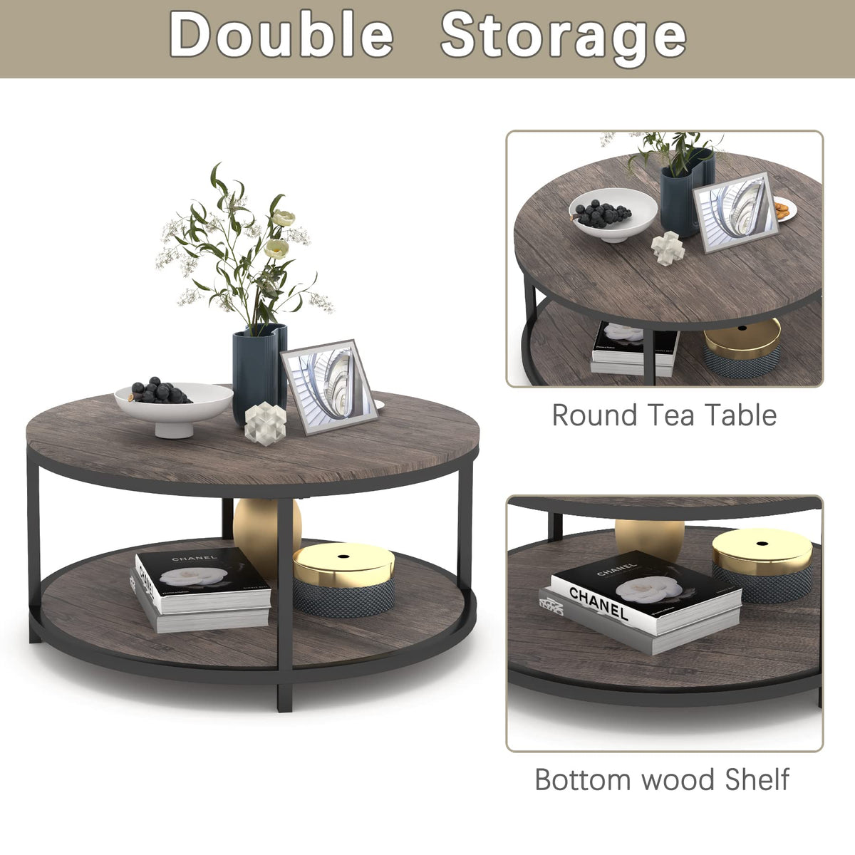 Round 2-Tier Wood Coffee Table with Storage Shelf R5450