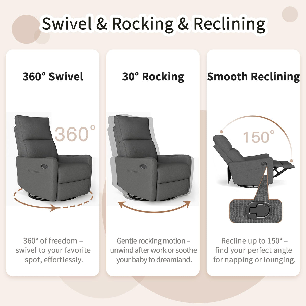 Dark Gray Swivel Rocker Recliner Chair U709