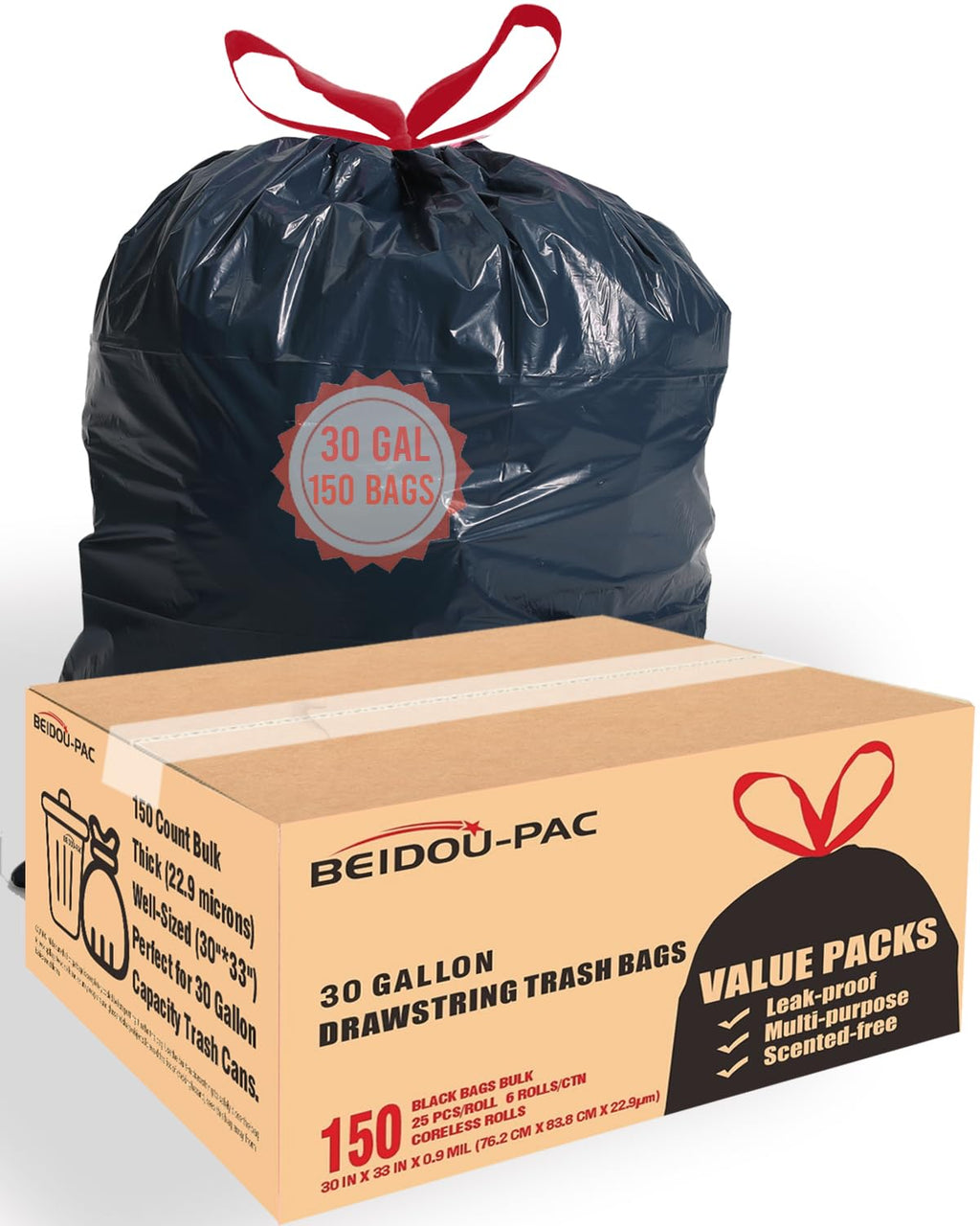 30 Gallon Drawstring Trash Bags, 150 Count Black Heavy Duty P7766