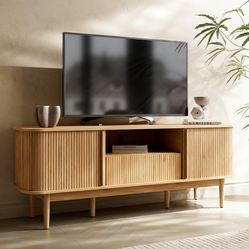 Modern Wood TV Stand with Sliding Doors and Storage H706