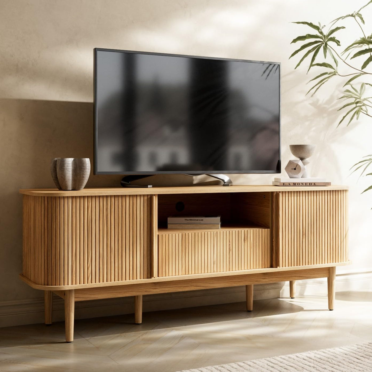 Modern Wood TV Stand with Sliding Doors and Storage H706