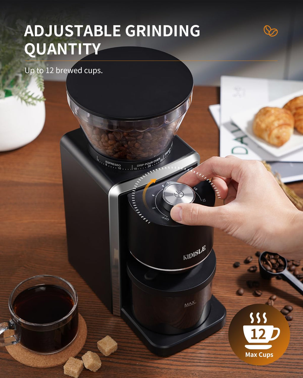 Conical Burr Coffee Bean Grinder, 35 Settings, Anti-Static, Black Y6502
