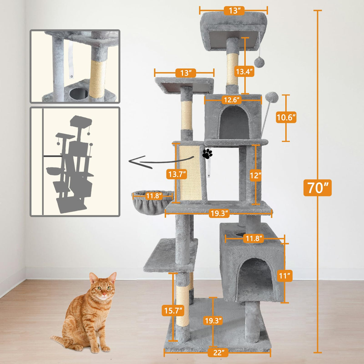 70" Light Gray Cat Tree Tower with Sisal Scratching Post V35385