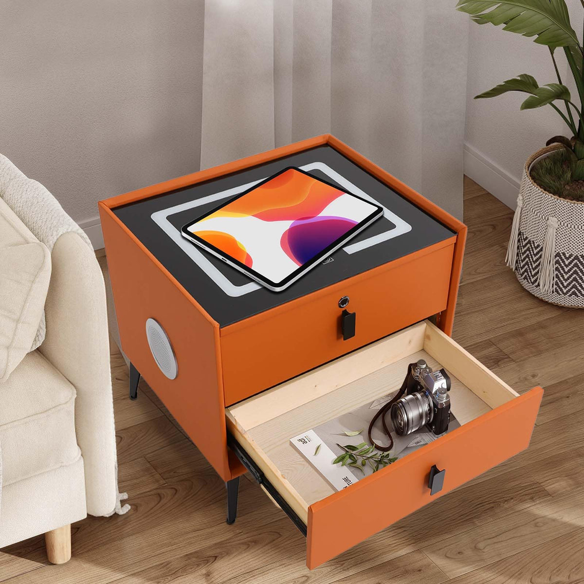Wooden Nightstand with Fingerprint Lock Drawer and 2 Drawers Z72282
