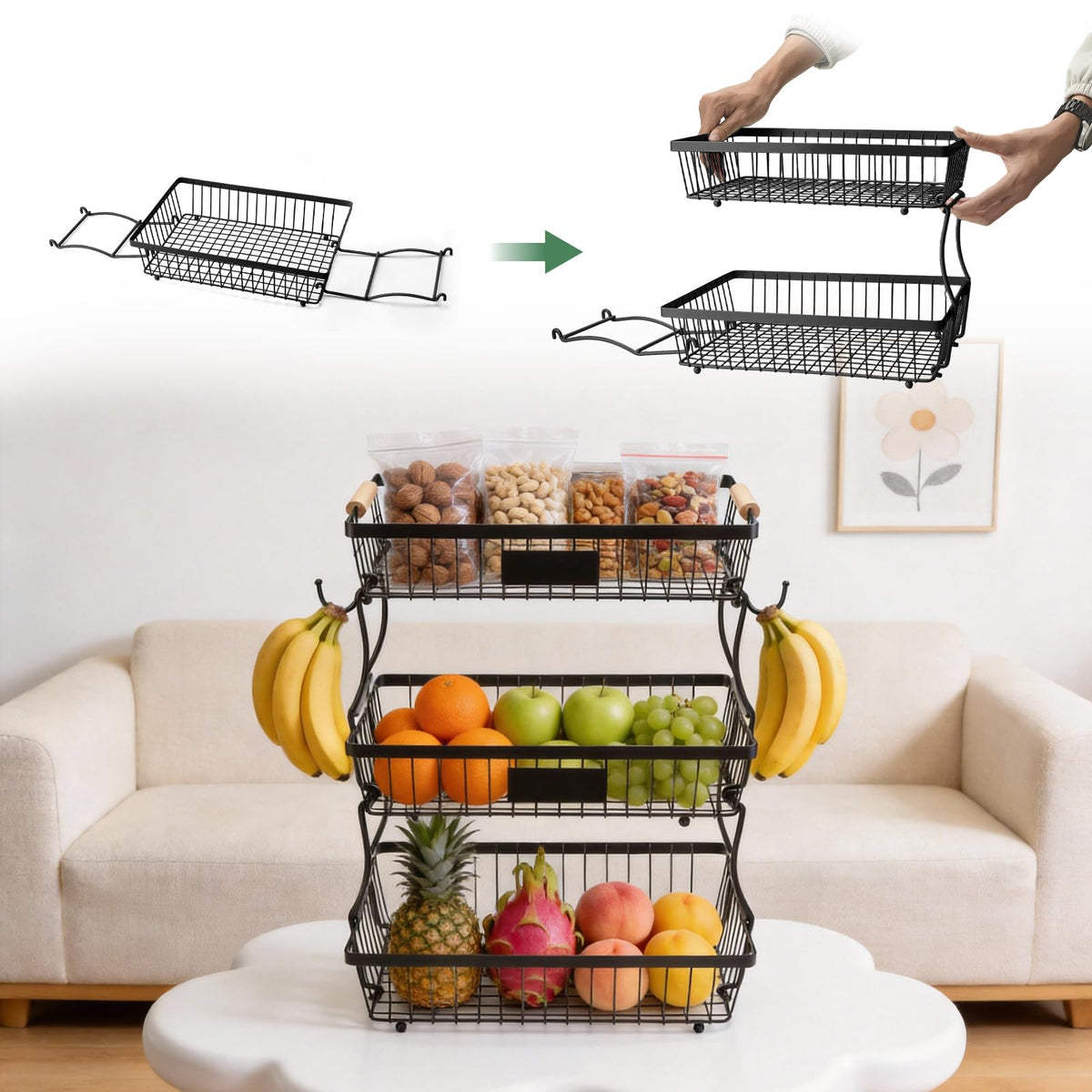 3 Tier Black Mesh Fruit Basket with 2 Banana Hangers Z4901