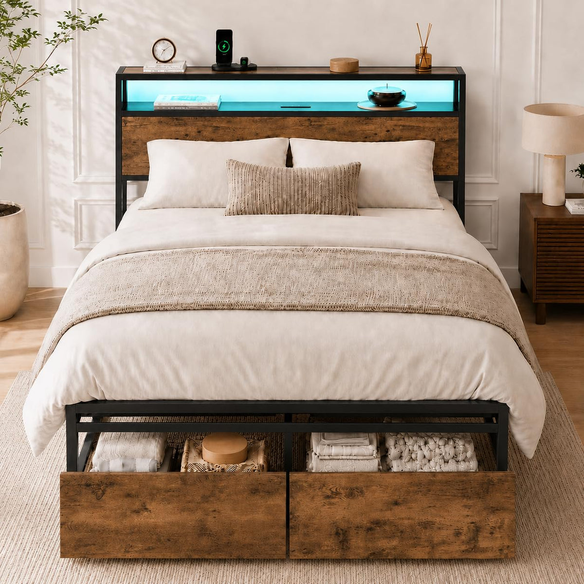 Full Size Bed Frame with Storage Drawers, Headboard, LED Light, Charging Station S131
