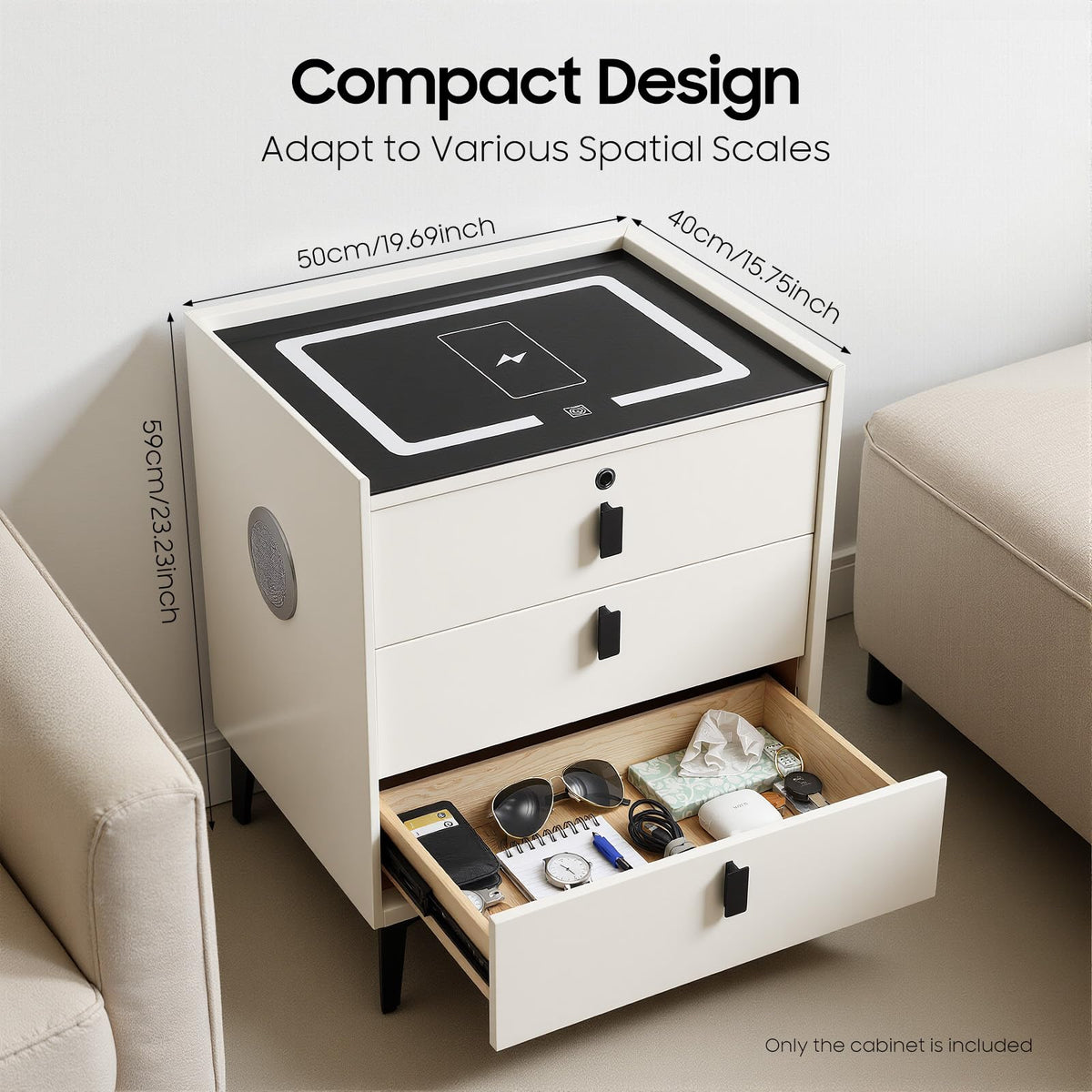 Beige White 3 Drawer Nightstand with Wireless Charging C481