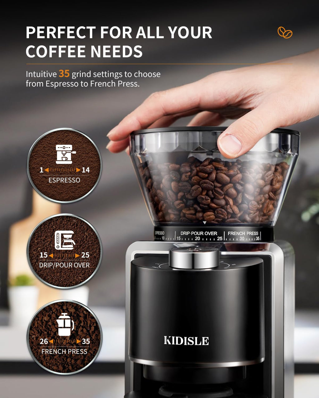 Conical Burr Coffee Bean Grinder, 35 Settings, Anti-Static, Black Y6502