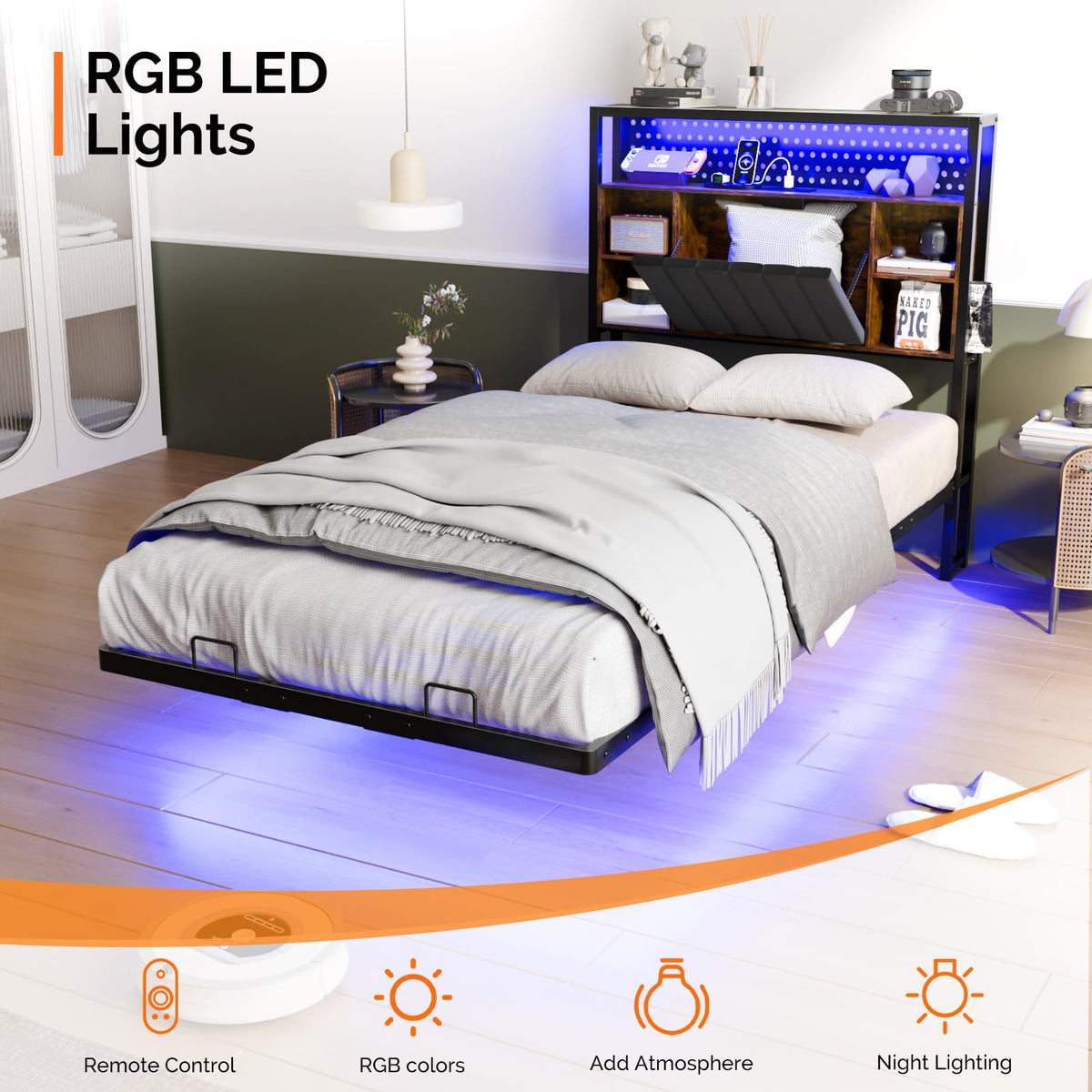 Black Twin Metal Floating Bed Frame with Charging Station and LED Lights I993