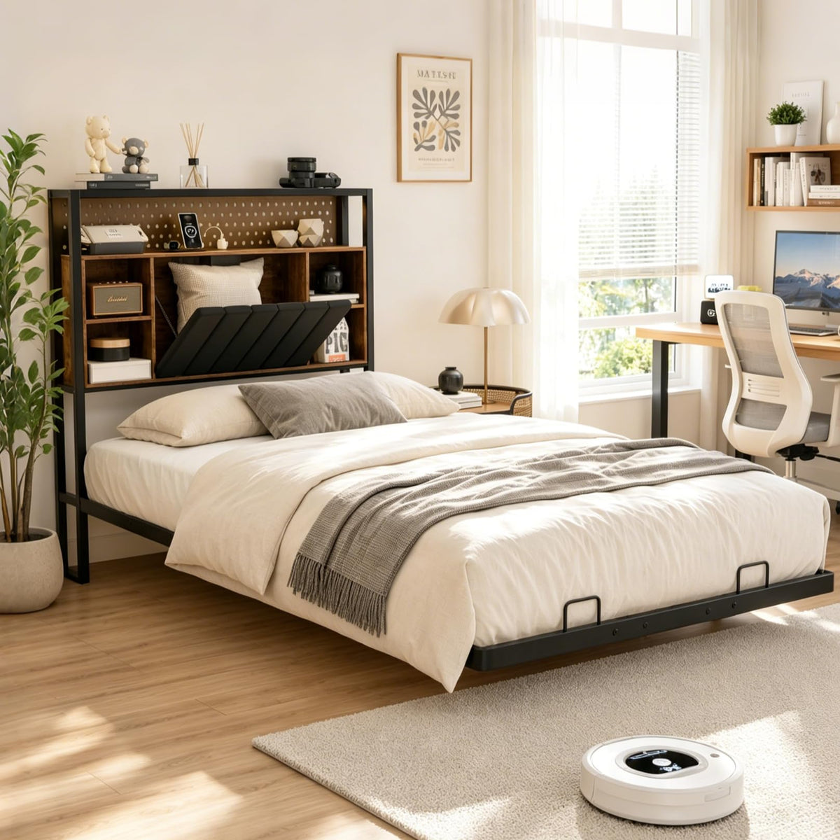 Black Twin Metal Floating Bed Frame with Charging Station and LED Lights I993