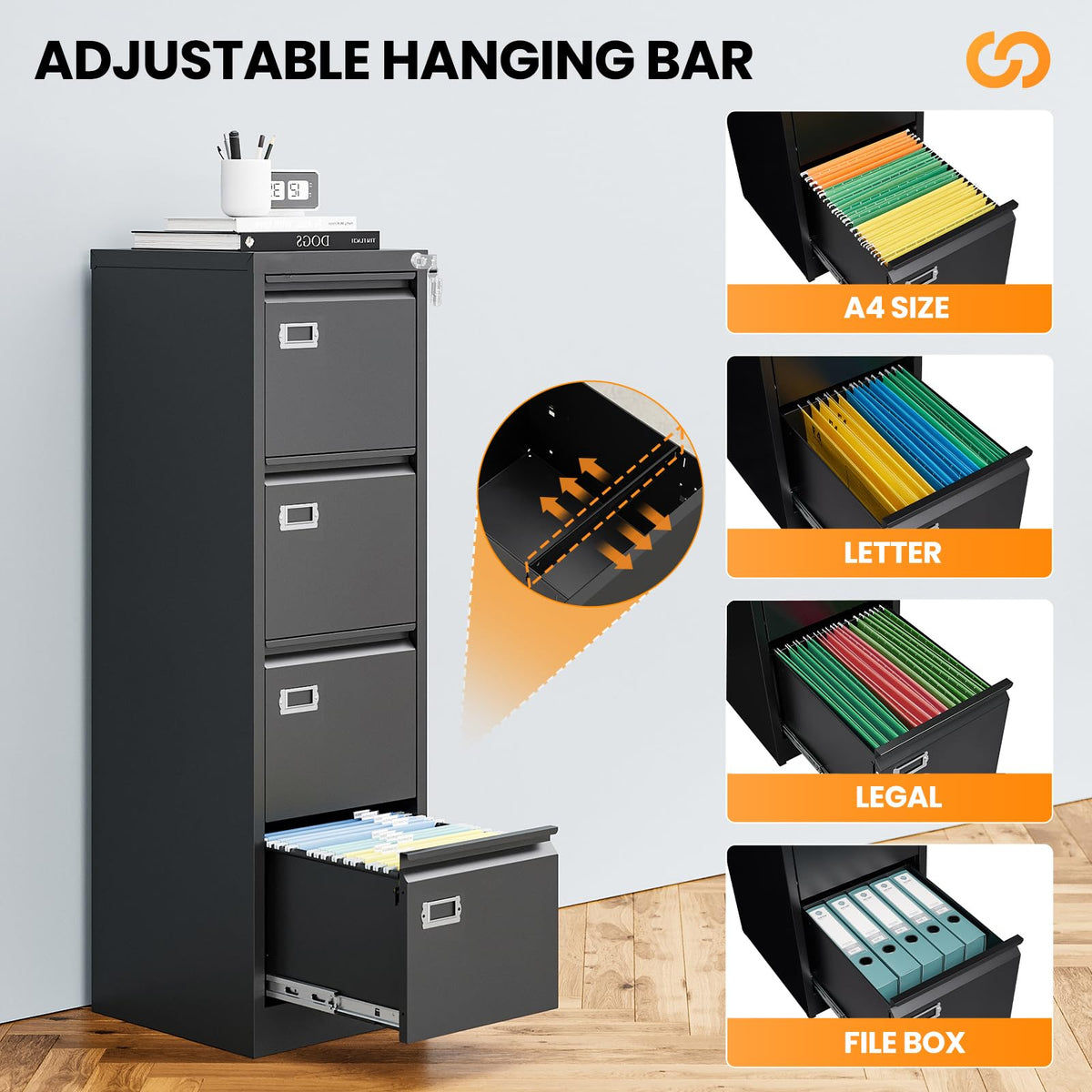 4 Drawer Black Metal File Cabinet with Lock T29809