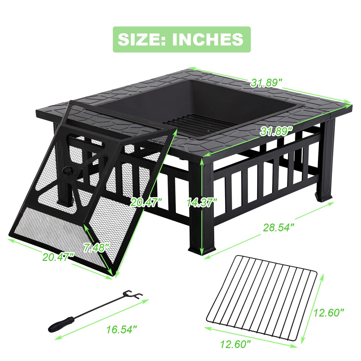 32" Square Wood Burning Fire Pit Table with Spark Screen C886907