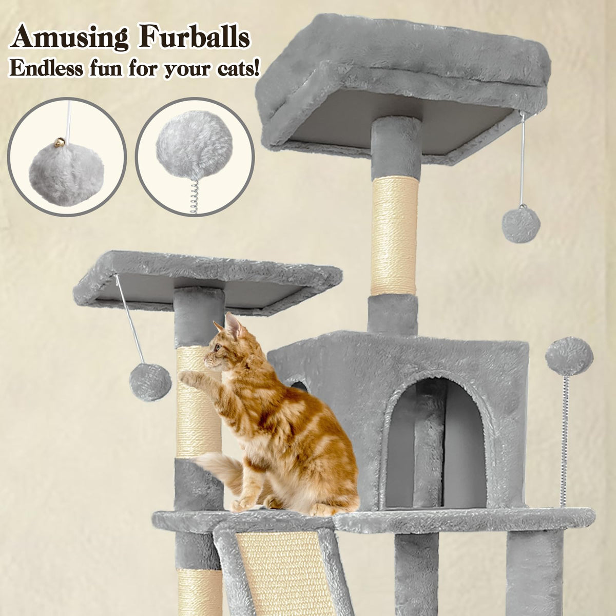 70" Light Gray Cat Tree Tower with Sisal Scratching Post V35385