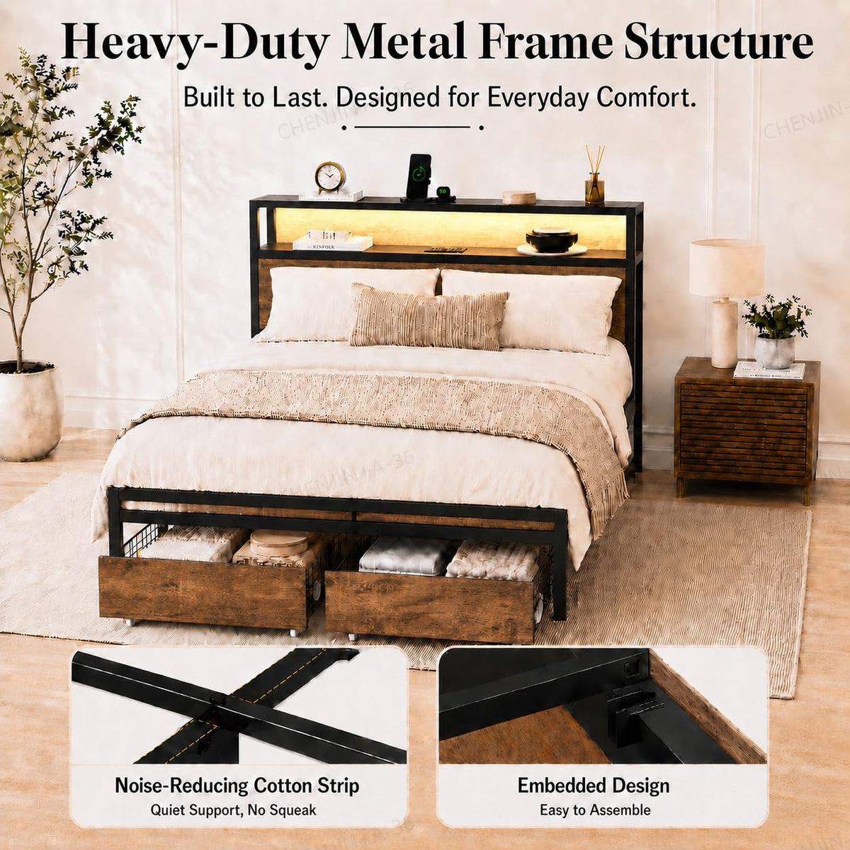 Full Size Bed Frame with Storage Drawers, Headboard, LED Light, Charging Station S131