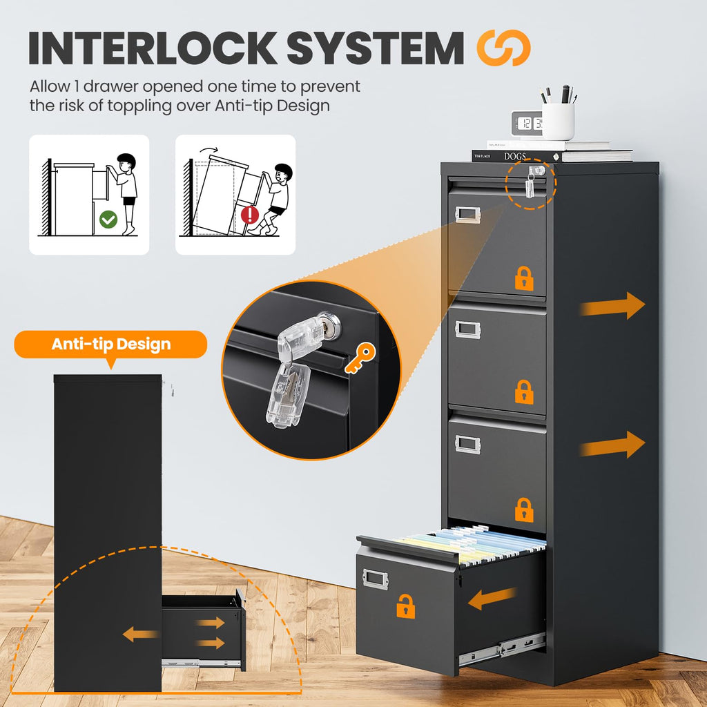 4 Drawer Black Metal File Cabinet with Lock T29809
