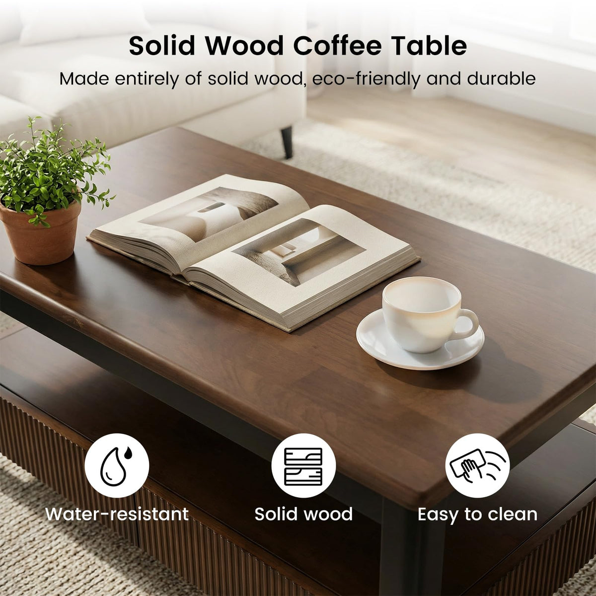 39.4" Walnut Solid Wood Fluted Coffee Table with 2 Drawers B11895