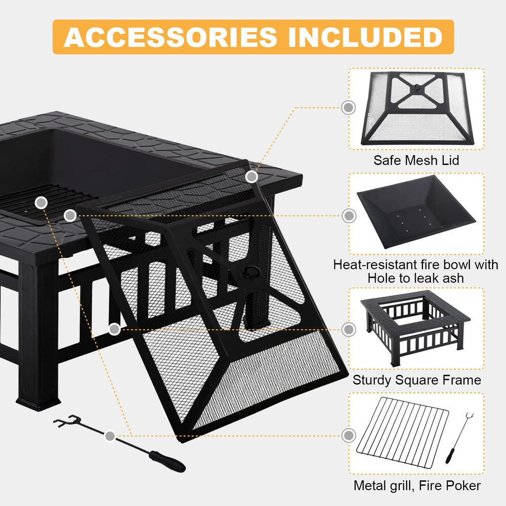 32" Square Wood Burning Fire Pit Table with Spark Screen C886907