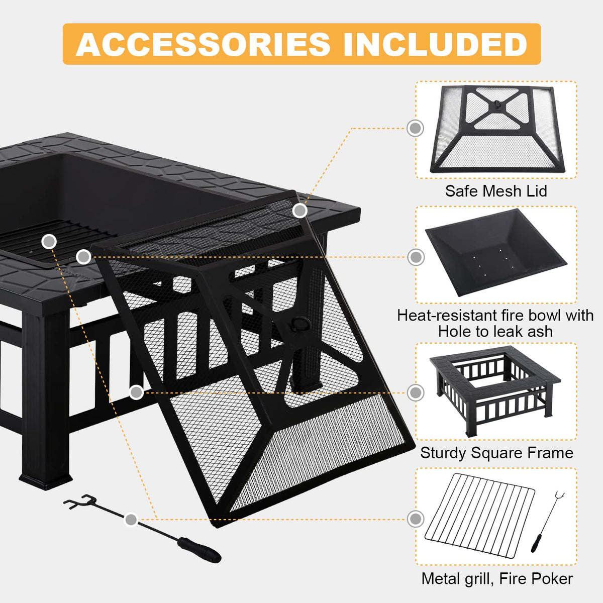 32" Square Wood Burning Fire Pit Table with Spark Screen C886907