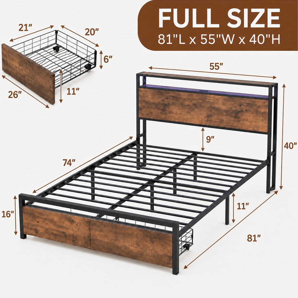 Full Size Bed Frame with Storage Drawers, Headboard, LED Light, Charging Station S131