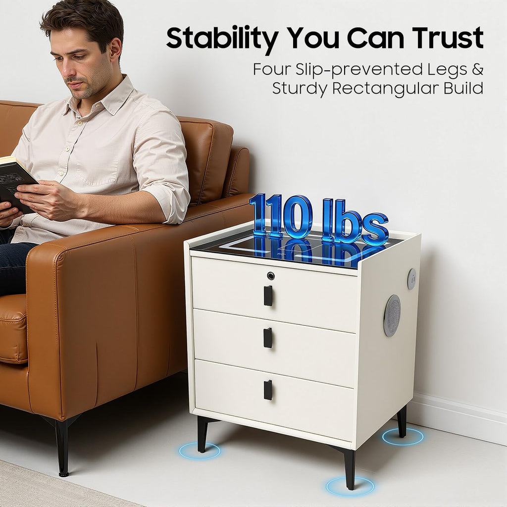 Beige White 3 Drawer Nightstand with Wireless Charging C481