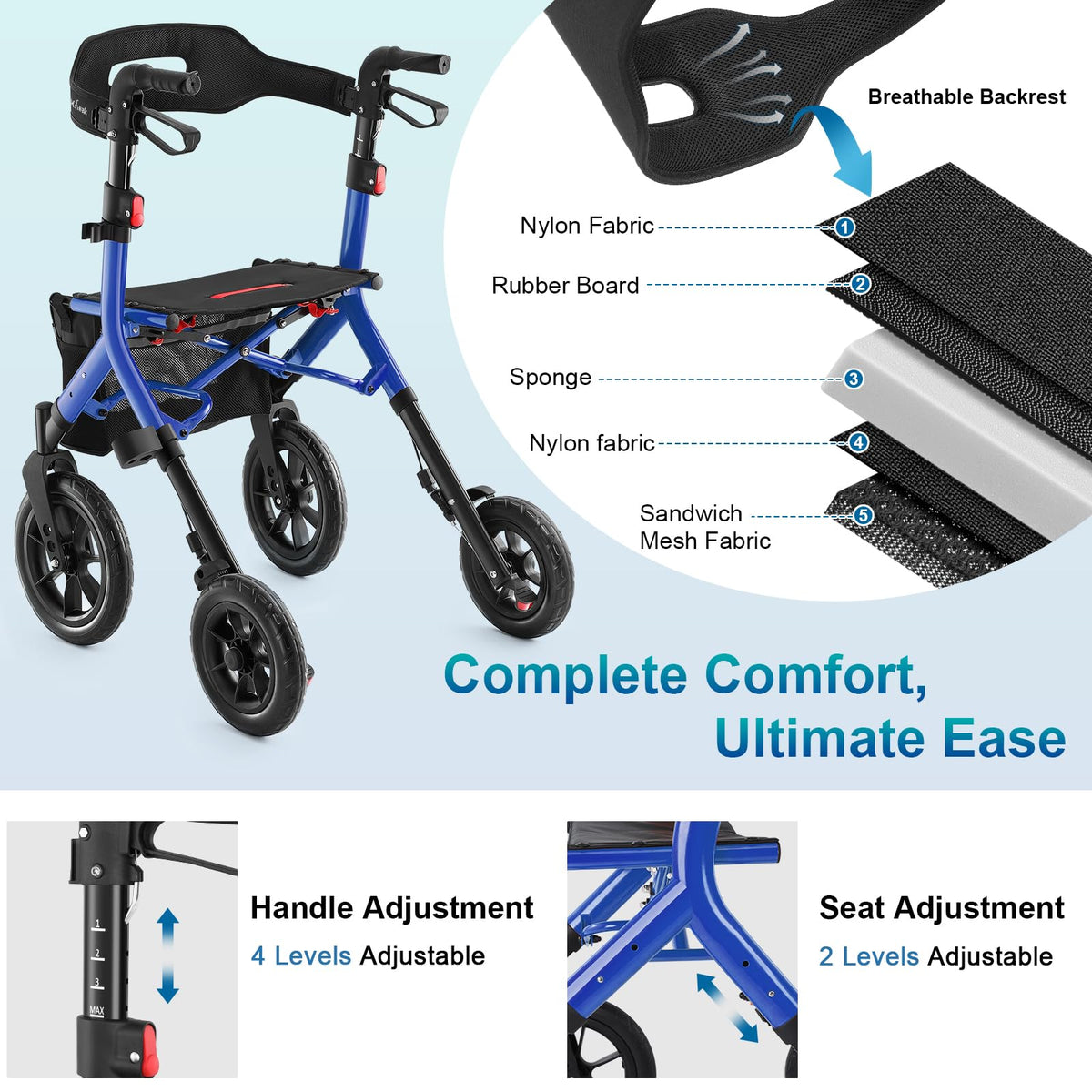 Blue Foldable Tall Walker with Seat N753