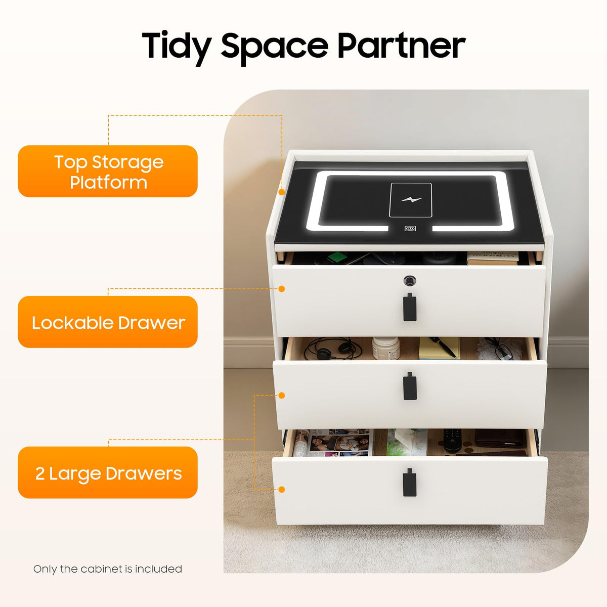 Beige White 3 Drawer Nightstand with Wireless Charging C481