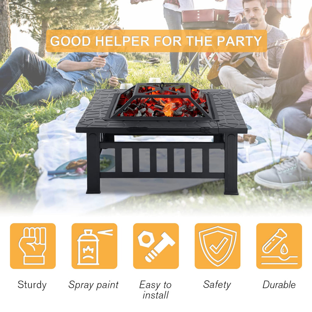 32" Square Wood Burning Fire Pit Table with Spark Screen C886907