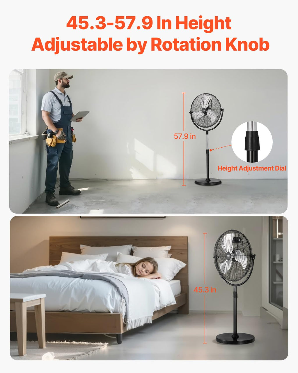 18 Inch Adjustable Height Standing Fan with 3 Speeds, Black Z793