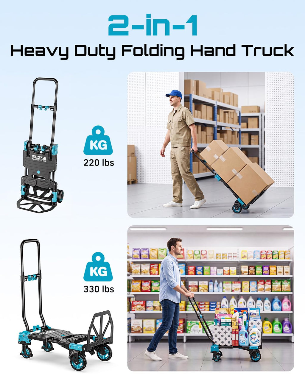 2-in-1 Folding Hand Truck, 330lb Dolly Cart with Wheels, Blue K191749