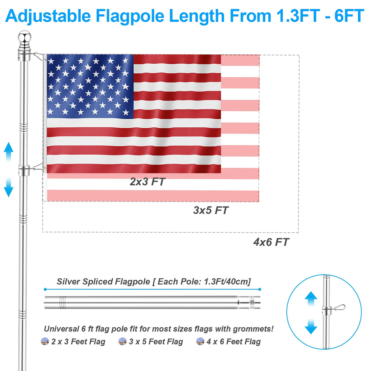 Silver 6 FT Metal Flagpole Kit and 304 Stainless Steel Flagpole Clips Z887394