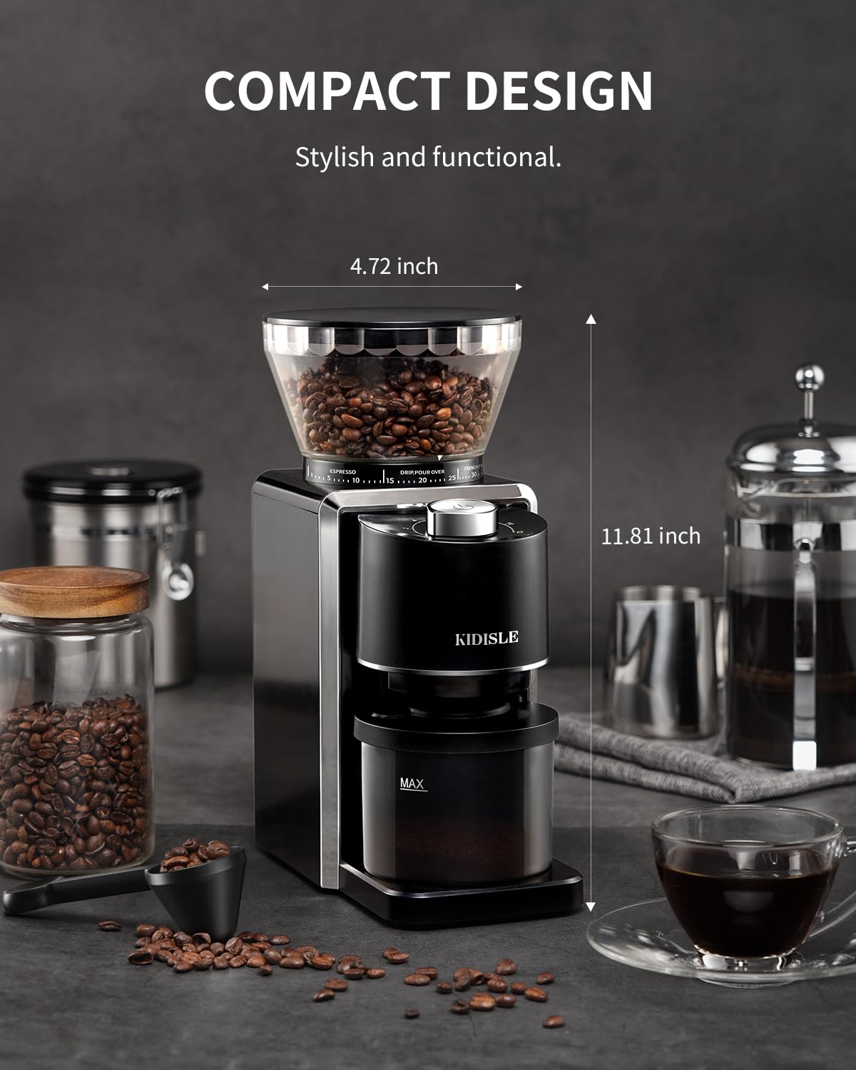 Conical Burr Coffee Bean Grinder, 35 Settings, Anti-Static, Black Y6502