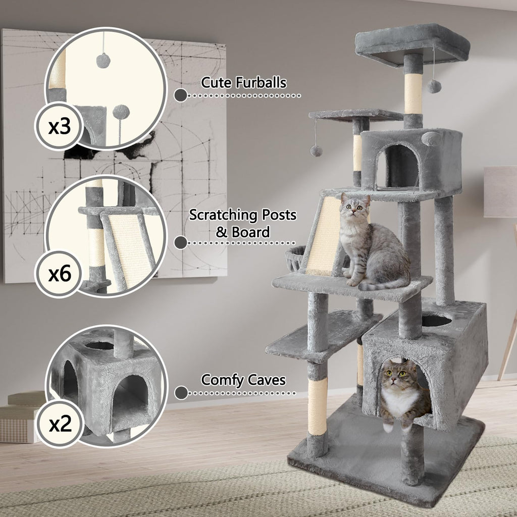 70" Light Gray Cat Tree Tower with Sisal Scratching Post V35385