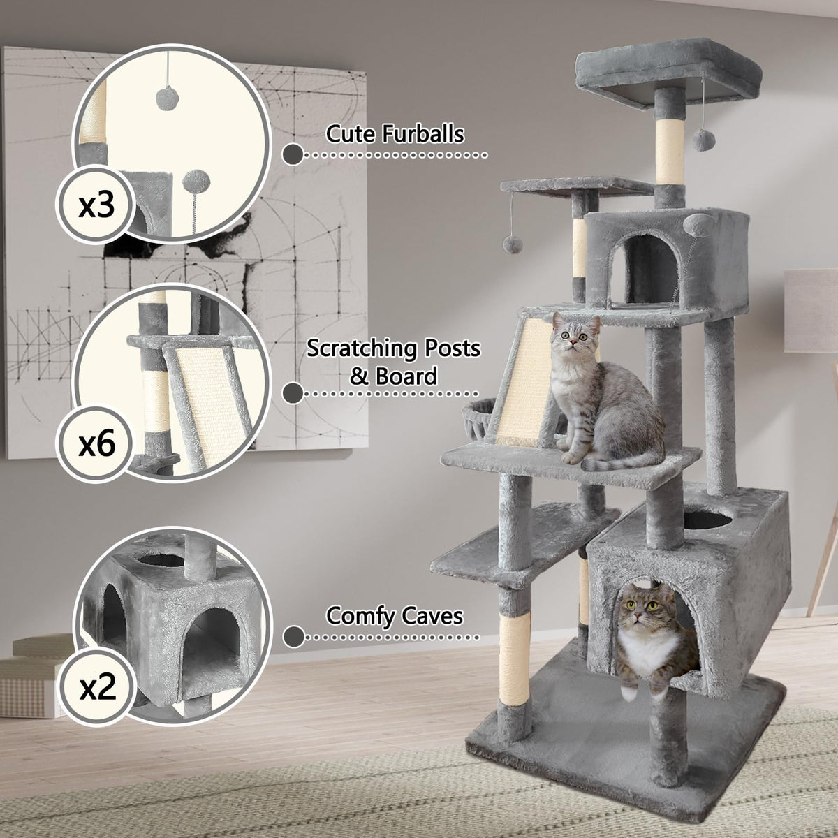 70" Light Gray Cat Tree Tower with Sisal Scratching Post V35385