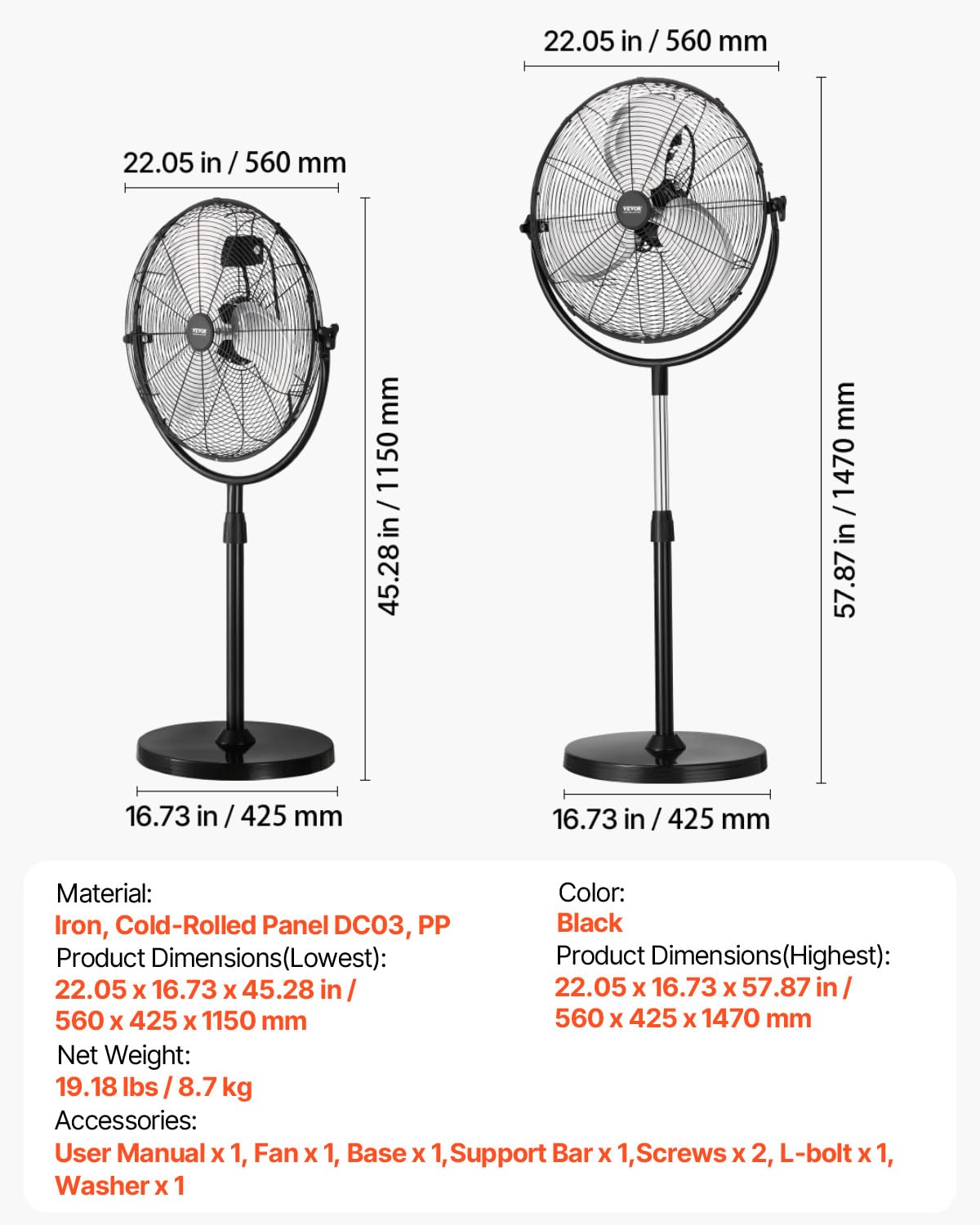 18 Inch Adjustable Height Standing Fan with 3 Speeds, Black Z793