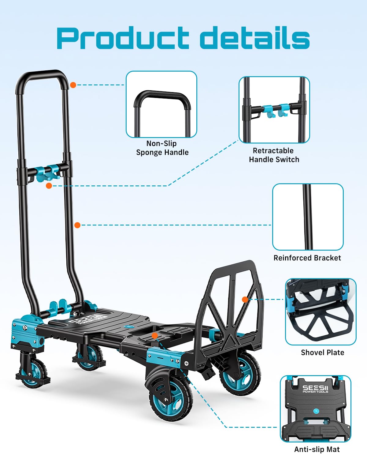 2-in-1 Folding Hand Truck, 330lb Dolly Cart with Wheels, Blue K191749