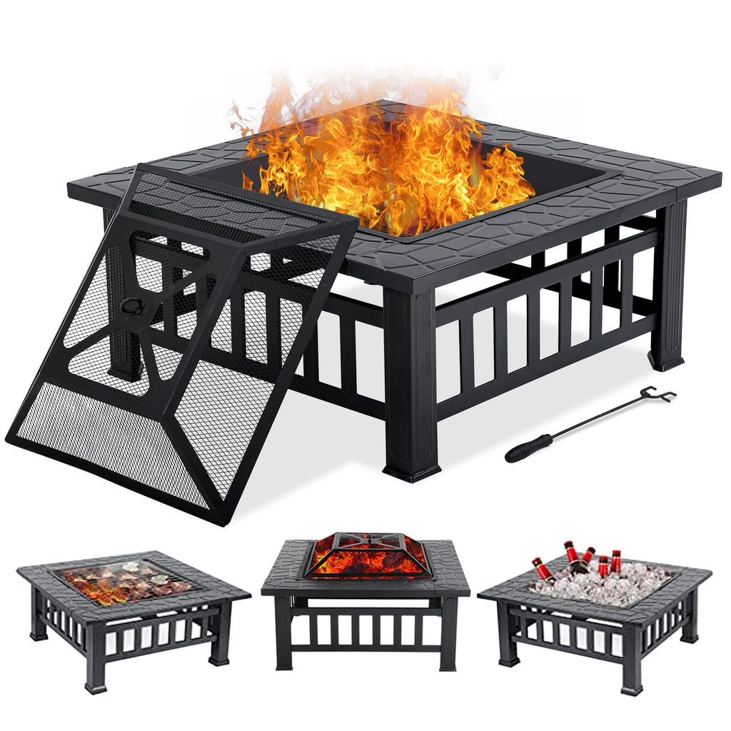 32" Square Wood Burning Fire Pit Table with Spark Screen C886907