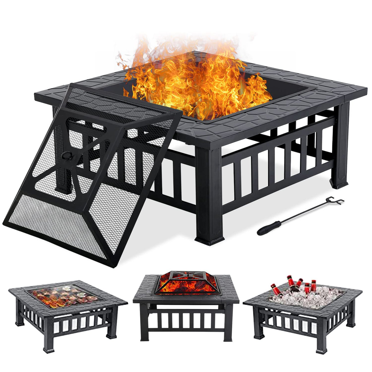 32" Square Wood Burning Fire Pit Table with Spark Screen C886907
