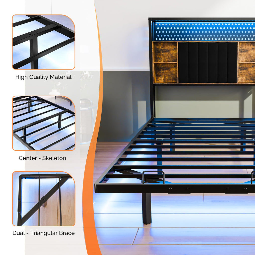 Black Twin Metal Floating Bed Frame with Charging Station and LED Lights I993